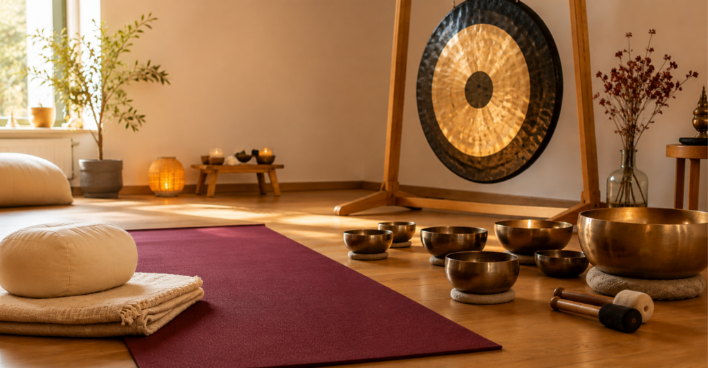 Gong, Klangschalen und Yogamatte